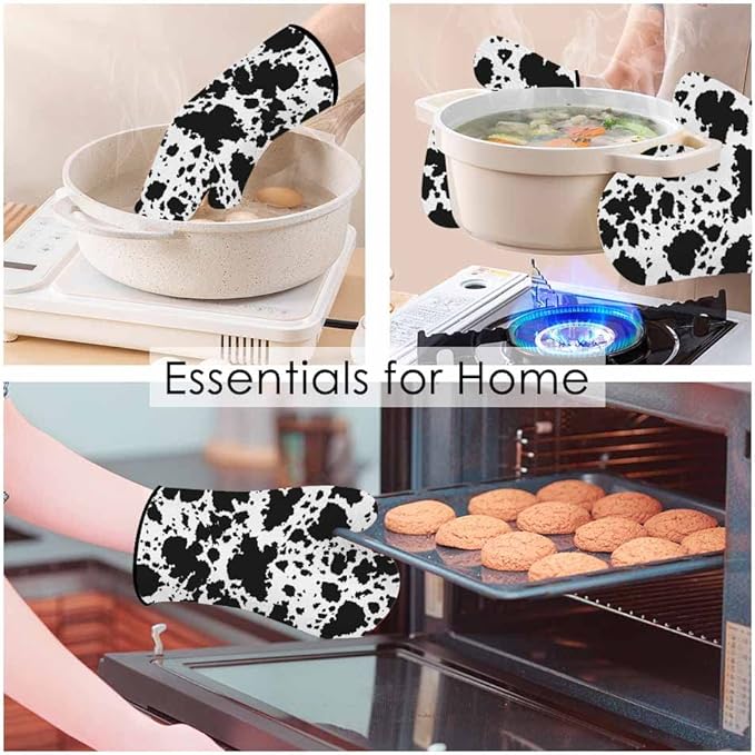 Black Brindle Oven Mitts and Pot Holders Sets Milk Cow Skin Spots Creative Heat Resistant 3pcs for Cooking Baking BBQ