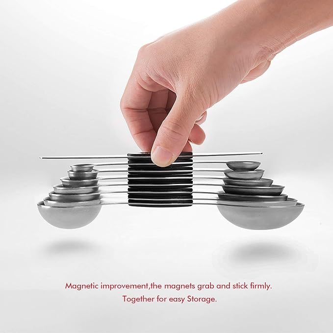 EDELIN Measuring Cups and Magnetic Measuring Spoons Set, Stainless Steel 5 Cups and 7 Spoons (Black)