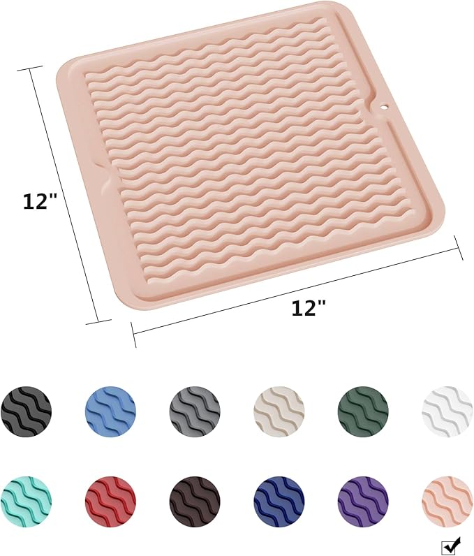 ZLR Silicone Dish Drying Mat 12" x 12" Square - Small Heat Resistant Trivet & Countertop Protector for Air Fryer, Coffee Maker - Waterproof Kitchen Drain Pad for Cups, Fruit (Peach Pink)