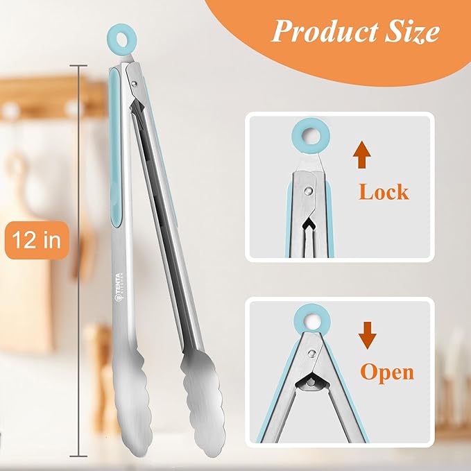 Tongs for Cooking, 12-Inch Stainless Steel Kitchen Tongs, Locking with Silicone Non-Slip Grip, Kitchen Utensils for Food, Salad and Outdoor BBQ, Set of 4 (Blue)