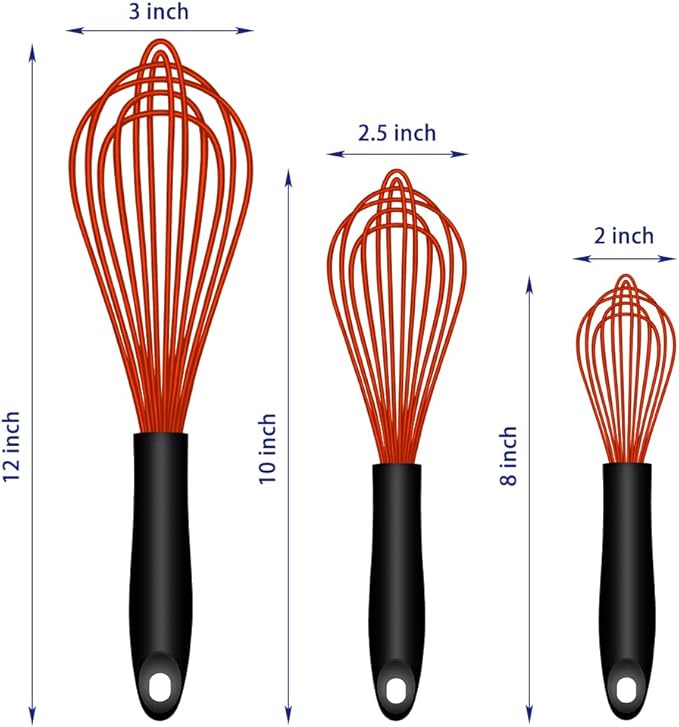 OYV Red Silicone Whisk, Sealed Waterproof Design Set of 3, Professional Kitchen Whisks for Cooking Non-Scratch, Silicone & Stainless Steel Whisk, Heat Resistant 480°F Balloon Egg Beater