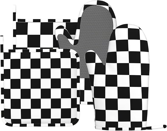 Black White Check Plaid Oven Mitts and Pot Holders Sets Silicone Black and White Checkered Plaid Kitchen Mitts Potholders Heat Resistant 4Pcs Oven Gloves Hot Pads for Cooking Grilling
