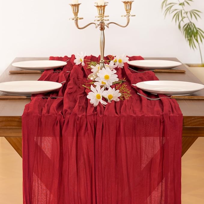 Socomi 3pcs Red Easter Spring Cheesecloth Table Runner Boho Rustic Gauze 120 inch 10FT Cheese Cloth Runner for Wedding Party Baby Shower Birthday Home Decor Holiday Decorations