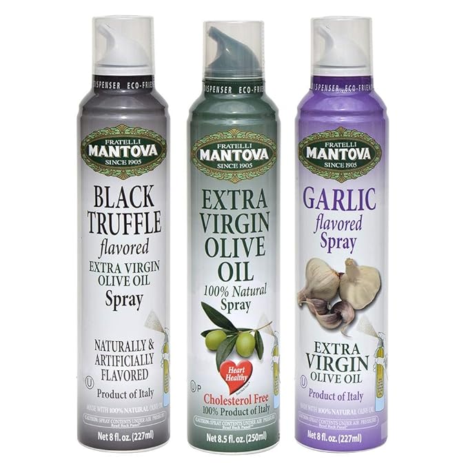 Mantova Spray 100% Extra Virgin Olive Oil Variety Set - Black Truffle | Garlic | 8 Fl. Ounce. (Pack Of 3) - Product Of Italy