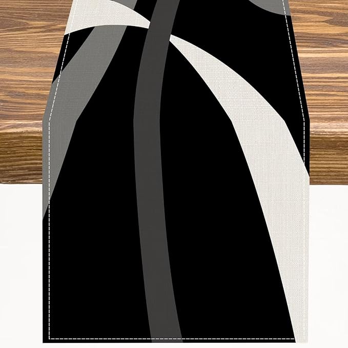 Gray Abstract Geometric Table Runner Grey and White Striped Black Background Modern Kitchen Dinner Runner for Indoor Home Living Room Party Dining Table Decoration 13"x70"