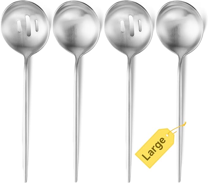 O.C.E. 4 Pieces Serving Spoons Set, 10.3-Inch Large Serving Spoon, Including 2 Spoon and 2 Slotted Spoons, Stainless Steel Flatware Serving Set, for Buffet, Banquet or Gift, Matte Silver