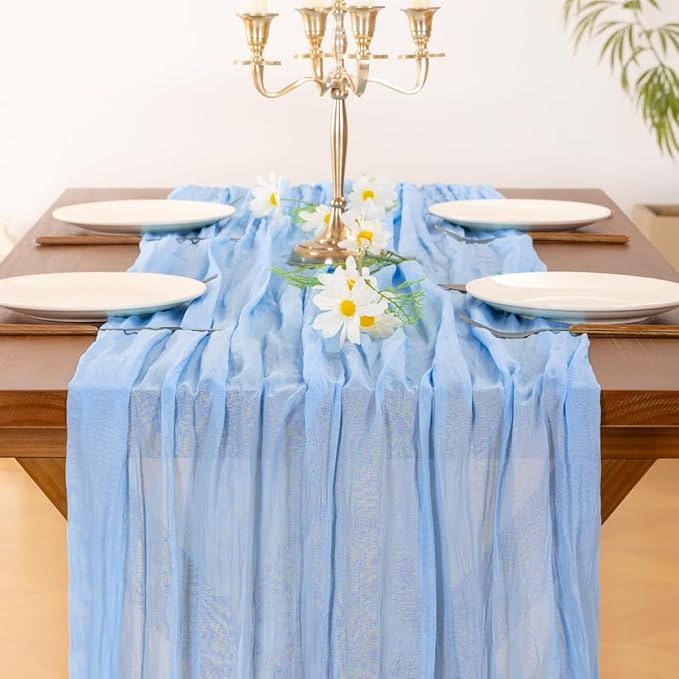 Socomi Blue Cheesecloth Table Runner Easter Spring Light Blue Boho Rustic Gauze 120 inch 10FT Cheese Cloth Runner for Wedding Party Baby Shower Birthday Home Decor Holiday Decorations