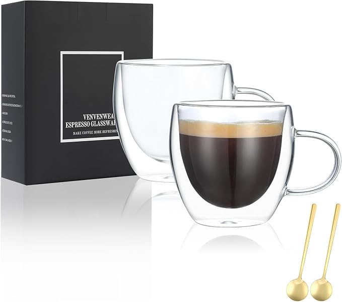 VENVENWEAVS Espresso Cups Set Of 2,Double Wall 5OZ Hand Blown Espresso Shots Glass,Espresso Coffee Mugs In Gift Box,Perfect For Espresso,Latte,Cappuccinos,Tea Bag,Juice