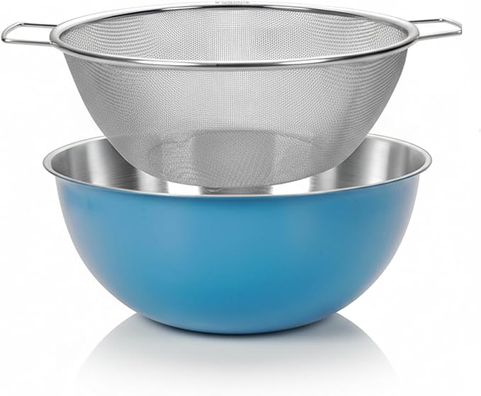 Stainless Steel Mixing Bowl and Colander Set, 3.5 Qt Rice Washer Strainer Bowl, 12"Fine Mesh Strainer with Handle for Rice, Cooked Pasta, Fruits,Versatile Kitchen Draining Set (Blue)
