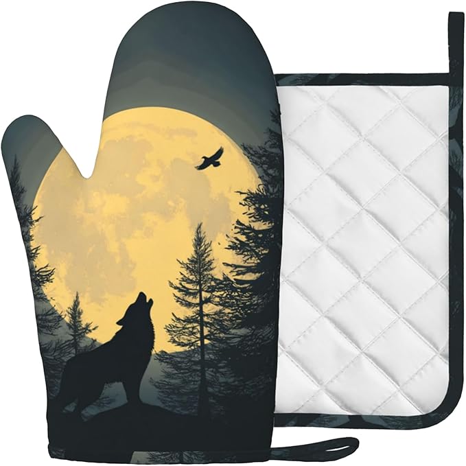 Black Wolf Howling at The Moon Oven Mitt and Pot Holder with Silicone Heat Resistant Kitchen for Cooking BBQ Baking Grilling Cooking Protection