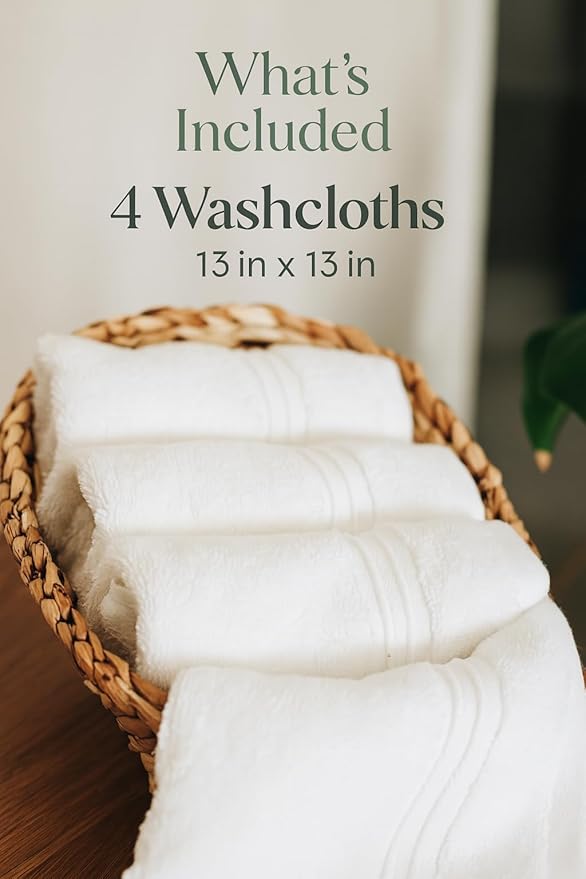 Milara Turkish Super-Plush Wash Cloths Set 4-Piece | Premium 100% Cotton Washcloths Absorbent, Durable with Hanging Loops | White Color Bath Washcloths, (13 x 13 Inch)
