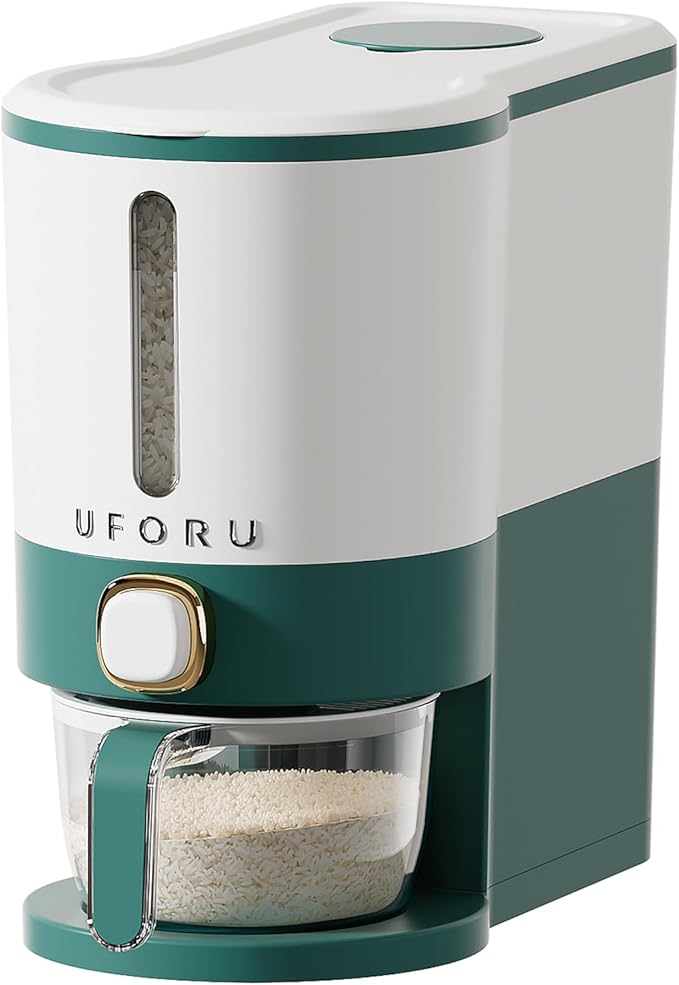Rice Dispenser, Rice Storage Container with Measuring Cup for Kitchen Pantry Household, Dry Food Storage Containers Airtight, Sealed Moisture Proof (Green 11 Lbs)