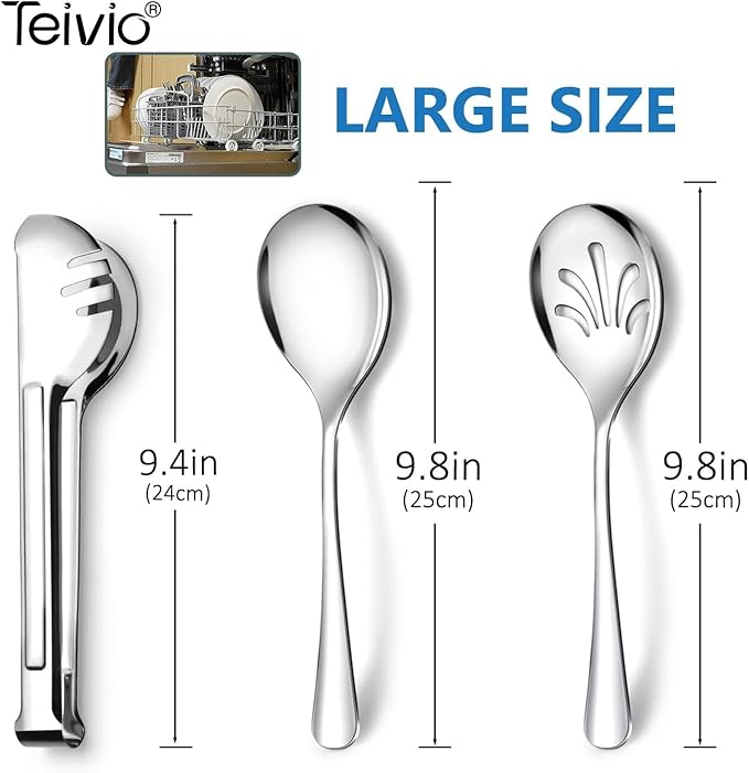 Teivio Stainless Steel Metal Serving Utensils - Large Set of 9-10" Spoons, 10" Slotted Spoons, and 9" Tongs (Silver)