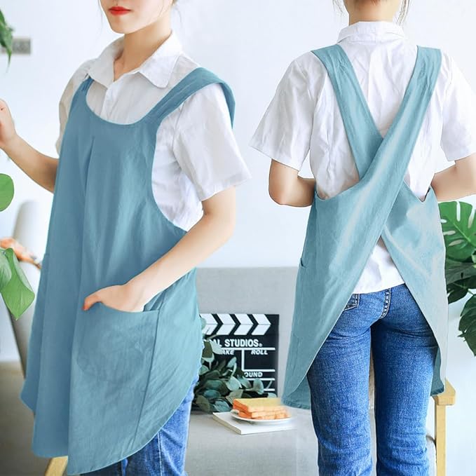 NEWGEM Japanese Cotton Linen Cross Back Cooking Apron for Women Men with Pockets Cute for Baking Kitchen