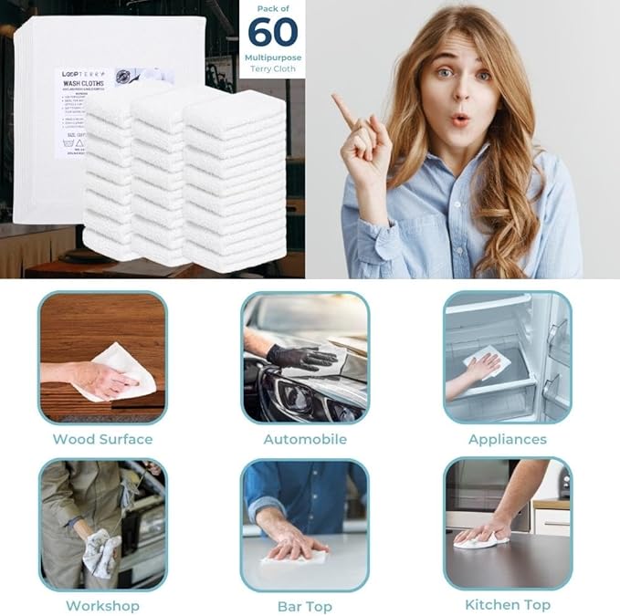 Looperry White Terry Cloth Rags (60 Pack Bulk) 13"x13" Inches Commercial Grade Dish Cloth Multipurpose Cleaning Rags for Housekeeping, Car Wash. Absorbent & Reusable Bar Mop Towels for Kitchen Cotton