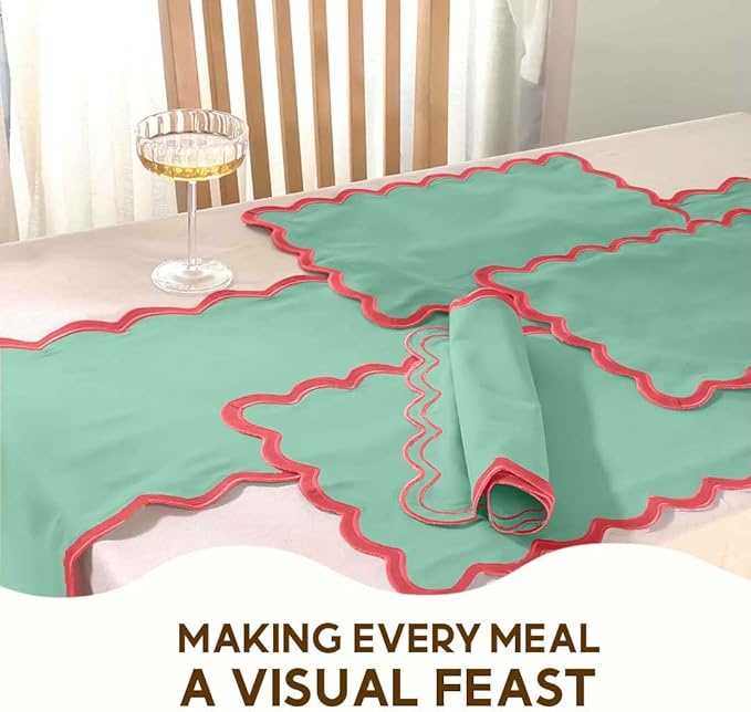 Folkulture Placemats Set of 4 (13 x 19) | 100% Cotton, Cute, Heat Resistant,Machine Washable Scalloped Place Mats | Green & Red Rectangular Cloth Table Placemats or Dining Table Mats for Dinner Party