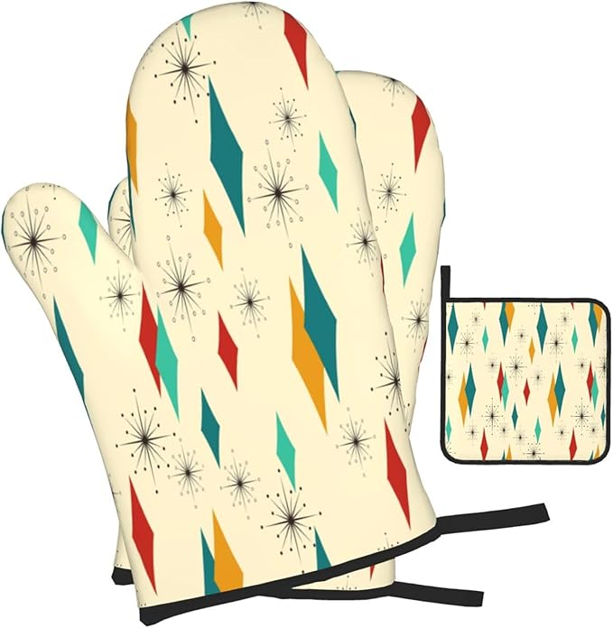 Mid Century Modern Oven Mitts and Pot Holders Set Heat Resistant Non Slip Set of 3 Retro Decor Kitchen Gloves Hot Pads for Cooking BBQ Baking Grilling
