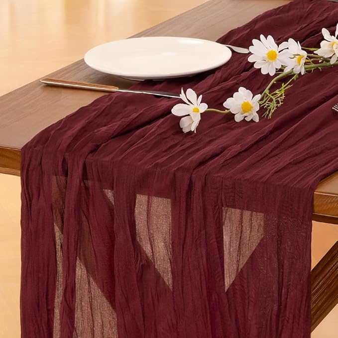 Socomi 10pcs Burgundy Red Easter Spring Cheesecloth Table Runner Boho Rustic Gauze 120 inch 10FT Cheese Cloth Runner for Wedding Party Baby Shower Birthday Home Decor Holiday Decorations