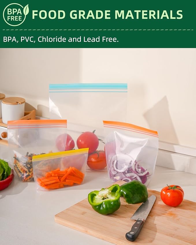 Lerine 18 Pack Reusable Freezer Bags Dishwasher Microwave Safe, Stand Up BPA Free Reusable Sandwich Bags, Silicone Free Leakproof Food Storage Bags for Meal Prep (Multicolor, 7Gallon 7Sandwich 4Snack)
