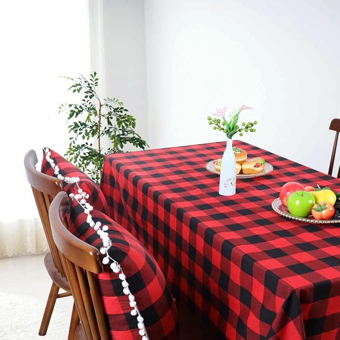 DUOBAO 54x54 Inch Red and Black Buffalo Plaid Tassel Tablecloth:Perfect for Dining Room, Kitchen, and Holiday Gatherings