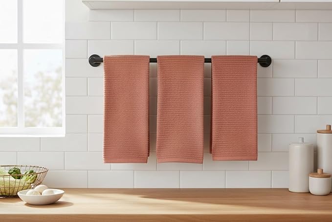 Serafina Home Peach Coral Salmon Kitchen Hand Dish Towels: Oversized 28" x 18",100% Cotton Cloth Soft Cleaning Drying Absorbent Ribbed Design, Set of 3 Multipurpose for Everyday Use (Peach)