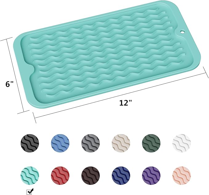 ZLR Silicone Sponge Holder & Sink Caddy Tray (6" x 12") - Narrow Dish Drying Mat for Kitchen Counter - Waterproof Soap Dispenser Organizer, Non-Slip Bathroom Vanity Tray (Mint Green)