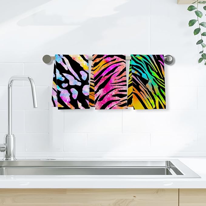 3 Pcs Colorful Zebra Print Kitchen Towels, Charming Decorative Absorbent Microfiber Dish Cloth Tea Towel, Trendy Waffle Soft Hand Towels for Farmhouse Home Bathroom, Housewarming Gifts