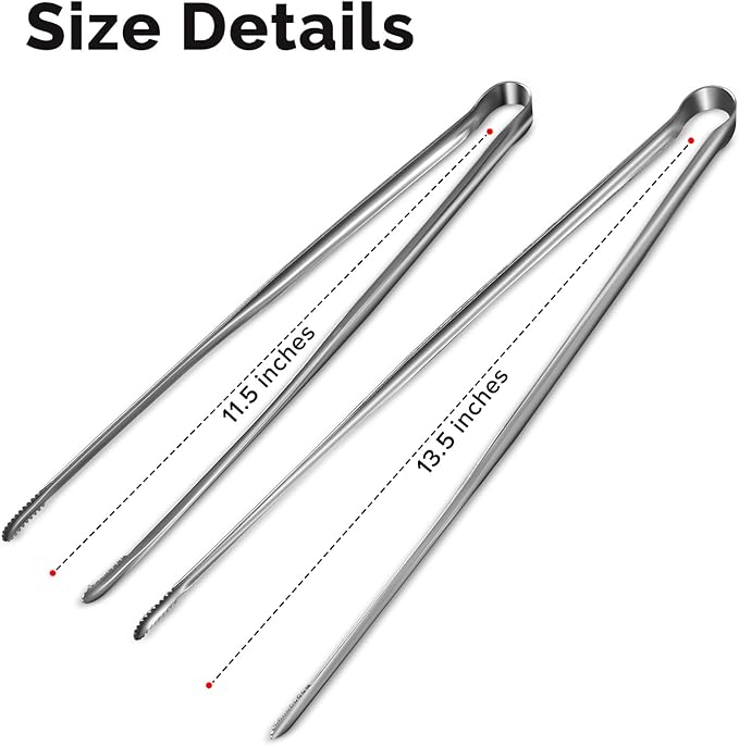 Precision Serrated Non-Slip Tips Cooking Tongs 2 Set (11.5" & 13.5"), 18/8 Stainless Steel Metal Tong, Light but Durable, Easily Control Kitchen Tweezer Tongs for Frying, Plating, BBQ