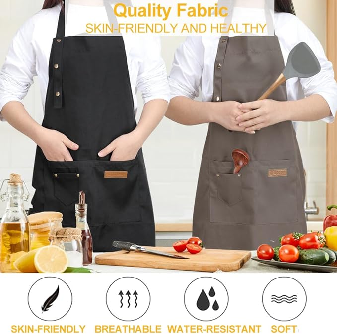 Kitchen Cooking Apron for Women Men with Big Pockets Canvas Waterproof Aprons for Server Pottery Artist Chef Apron