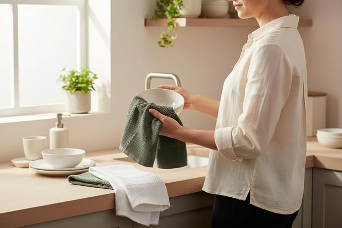 Sage White Dark Green Kitchen Hand Dish Towels: Oversized 28" x 18",100% Cotton Cloth Soft Cleaning Drying Absorbent Textured Design, Set of 3 Multipurpose for Everyday Use (Natural Collection)
