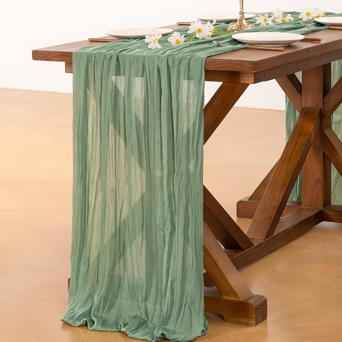 Socomi 2pcs Sage Green Cheesecloth Table Runner Easter Spring Boho Rustic Gauze 120 inch 10FT Cheese Cloth Runner for Wedding Party Baby Shower Home Decor Holiday Decorations