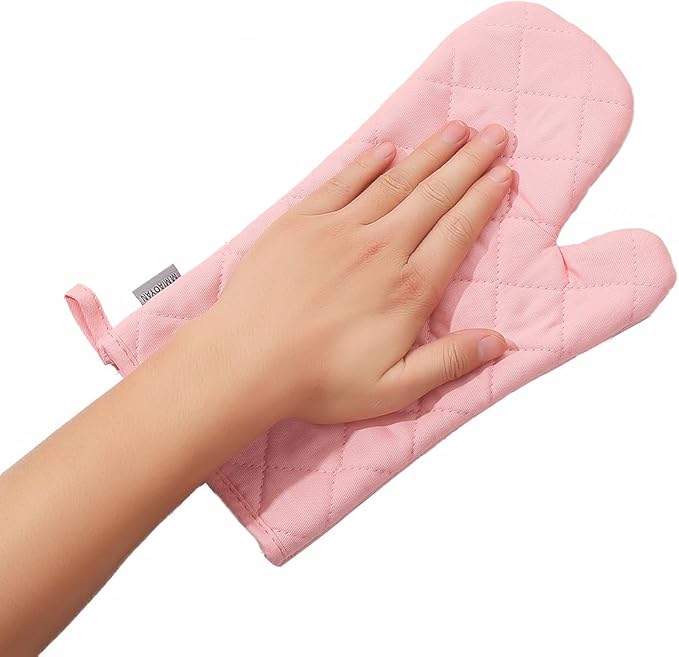 Oven Mitts and Pot Holders 4 pcs Set,High Heat Resistant 500 Degree Extra Thicken Long Kitchen Cotton Oven Glove for Cooking (12 Inch,Pink)…