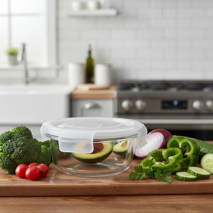 1.5 Cup Round Glass Food Containers with Lids and Folding Spoon, BPA Free Small Round Glass Lunch Containers, 12oz Food Container for Office Meal, Oven, Freezer and Dishwasher Safe (4Pack)