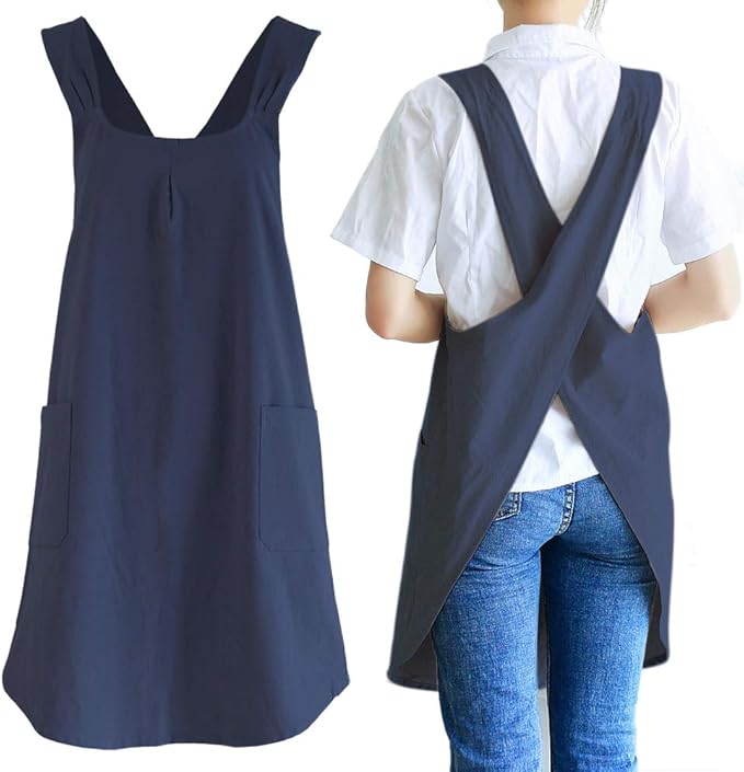 NEWGEM Japanese Cotton Linen Cross Back Cooking Apron for Women Men with Pockets Cute for Baking Kitchen
