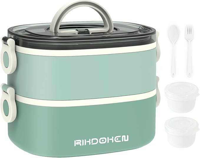 RIKDOKEN Lunch Box, Stackable 2 Layers Containers, Portable 64OZ Large Capacity Leakproof Bento Box with Spoon & Fork & Sauce Boxes, Microwave Safe Lunch Box for Kids and Adults