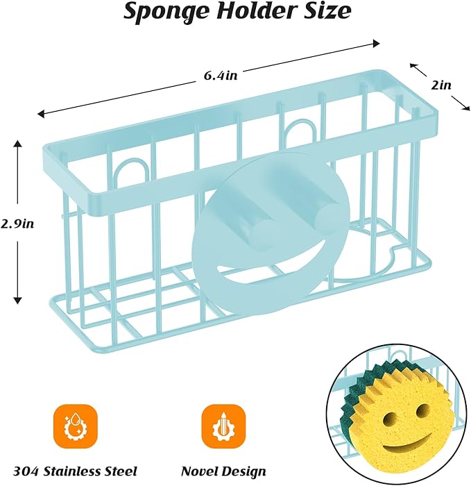 MURLONG Sponge Holder Smiley Face,Sink Caddy for Kitchen Sink,Sponge Holder with 2 PCS Suction Cups/1 PCS Adhesive Strips,Designed for Sponge,Soap,Dish Brush,Scrubber-Blue