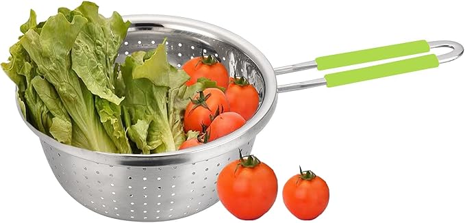 Stainless Steel Perforated Colander Strainer with Long Green Handle Sieve Sifters Use for Kitchen Food Pasta Noodles Spaghetti Vegetables Silver - 7.9inch