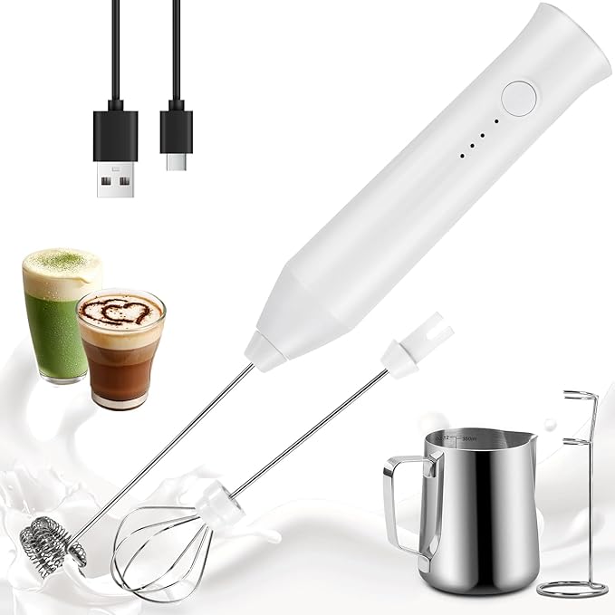 Powerful Milk Frother - Electric Handheld Milk Frother with Stand, Milk Jug and 2 Stainless Steel Blenders, Rechargeable 3 Speed Coffee Latte Cappuccino Matcha