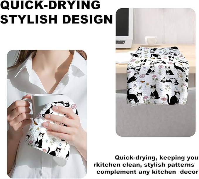 Jztco Cat Kitchen Towels, Floral Cats Gifts Reusable Hand Tea Towel, Microfiber Dish Cloths for Drying Dishes, Waffle Dish Towels for Kitchen Home Bathroom Decor, Cat Lover Gifts for Women Mom