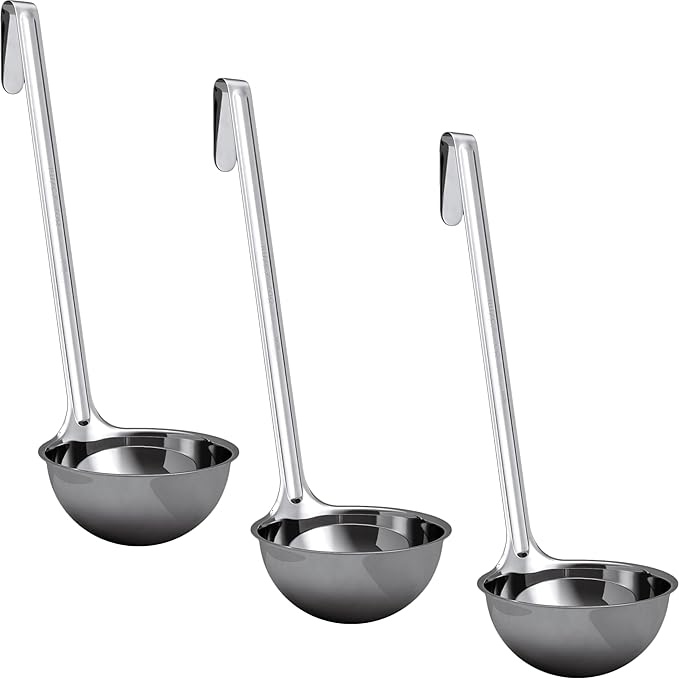 Super Sturdy, Ergonomic 8 Oz. Soup Ladle 3 Pk. Stainless Steel Ladles with Long Handles. Best Kitchen Accessories for Stirring, Portioning and Serving Soups, Chili and Stew in Restaurants and at Home