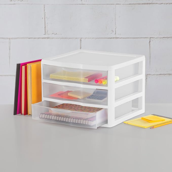 Sterilite 3-Pack Wide 3 Drawer Unit, Plastic Desktop Organizer with Clear Drawers, White Frame - Stackable Multi-Purpose Storage for Office Supplies, Craft Rooms, Classrooms and Home Organization