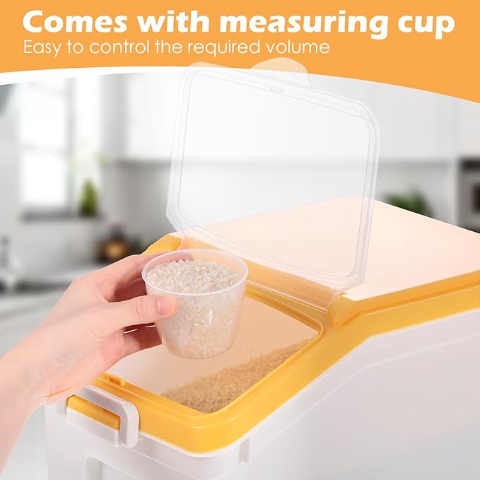 Sunnyray 4 Pcs Rice Storage Containers Bulk Flour Sugar Container Wheels Measuring Cups Set Airtight Pet Dog Cat Birds Food Bin Grain Cereal Organizer Box for Dry Baking(Yellow,22 lb)