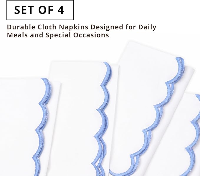 PurpleEssences Scalloped Embroidery Cloth Napkins - Spring Easter Summer - Table Decor - 100% Cotton - Set of 4-18x18 inch - White - Edges - Light Blue