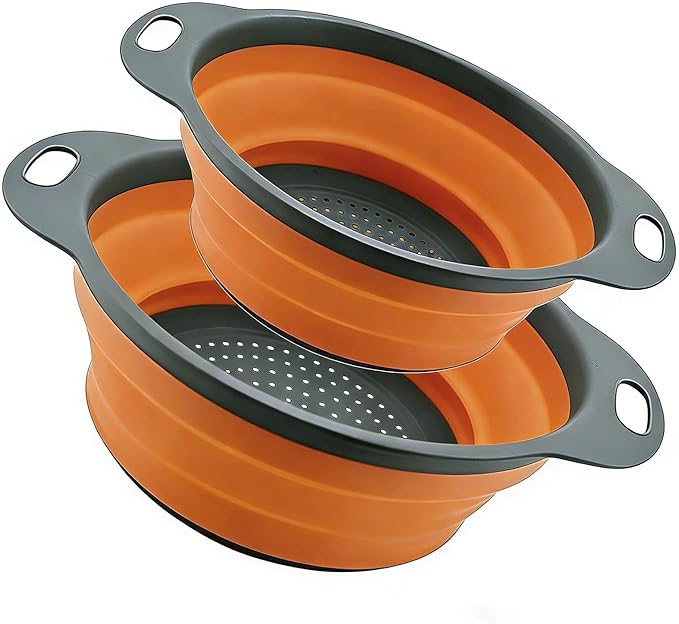 Collapsible Colander Set of 2, Folding Kitchen Strainers with Handles, Space-Saving Over-the-Sink Drainers for Pasta, Veggies & Fruit, BPA-Free, Dishwasher Safe, RV & Camping (Orange)