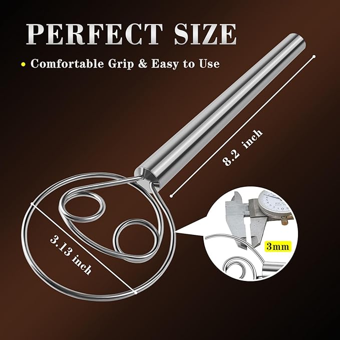 TEEVEA Danish Dough Whisk Stainless Steel for Sourdough Pizza and Bread Baking