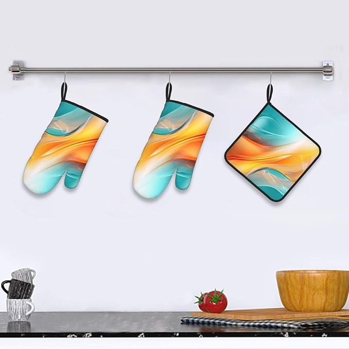 Turquoise Orange Abstract Art Oven Mitts & Pot Holders Sets of 3, Heat Resistant Teal Burnt Orange Modern Kitchen Gloves and Hot Pads for Kitchen Cooking Grilling, Baking Gifts for Women, Home Decor