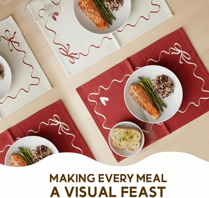 Folkulture Placemats Set of 4 (13 x 18) | 100% Cotton,Cute, Heat Resistant,Machine Washable Place Mats | Red & White Rectangular Cloth Table Placemats or Dining Table Mats for Dinner Party