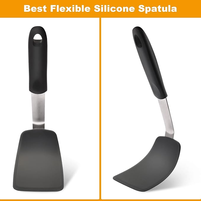 Flexible Silicone Spatula, Turner, Rubber Cookie Spatula for Flipping Eggs, Burgers, Crepes and Fish, Non-Stick & 600F Heat-Resistant, Essential Kitchen Cooking Utensils, Small