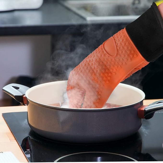 Comsmart BBQ Gloves, Heat Resistant Silicone Grilling Gloves, Long Waterproof BBQ Kitchen Oven Mitts with Inner Cotton Layer for Barbecue, Cooking, Baking, Smoker(Orange)
