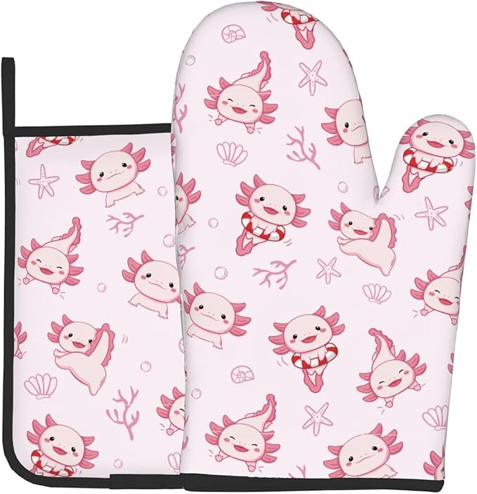 Cute Cartoon Axolotl Oven Mitts and Pot Holders Heat Resistant Oven Mitts Safe for Baking Cooking BBQ